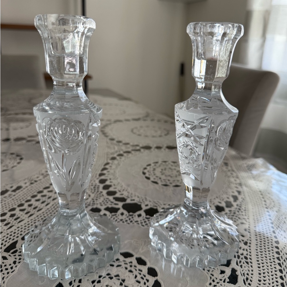 Vintage Leonard Silver Crystal Candlestick Set of 2
